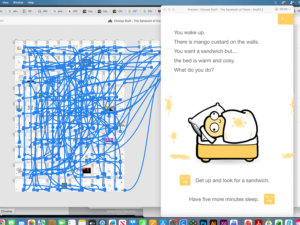Picture of the Spaghetti-like mess of logic holding my latest Choose Your Own Adventure Story together.