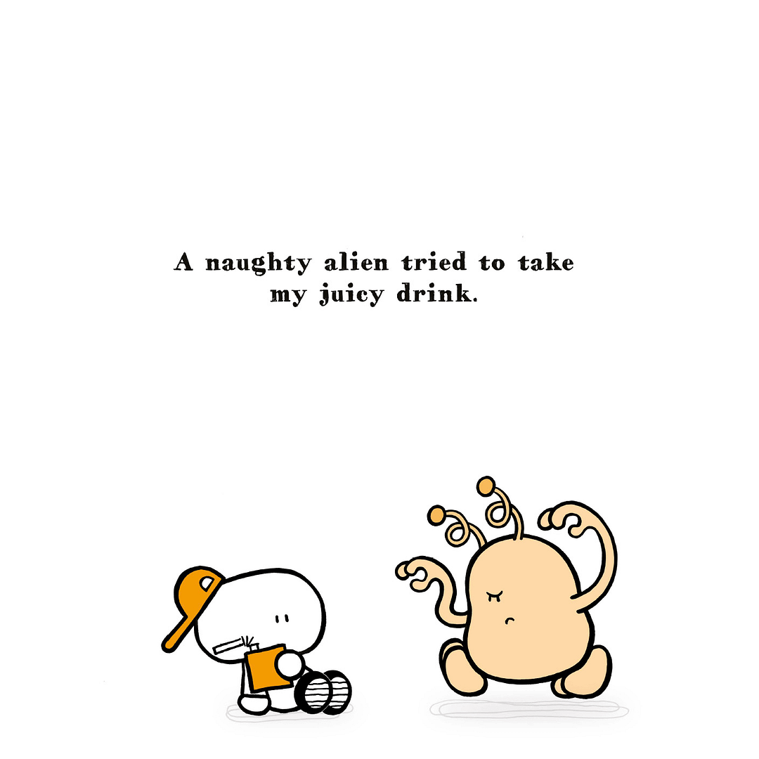 A cartoon alien attempting to steal an orange juice drink from a small boy.