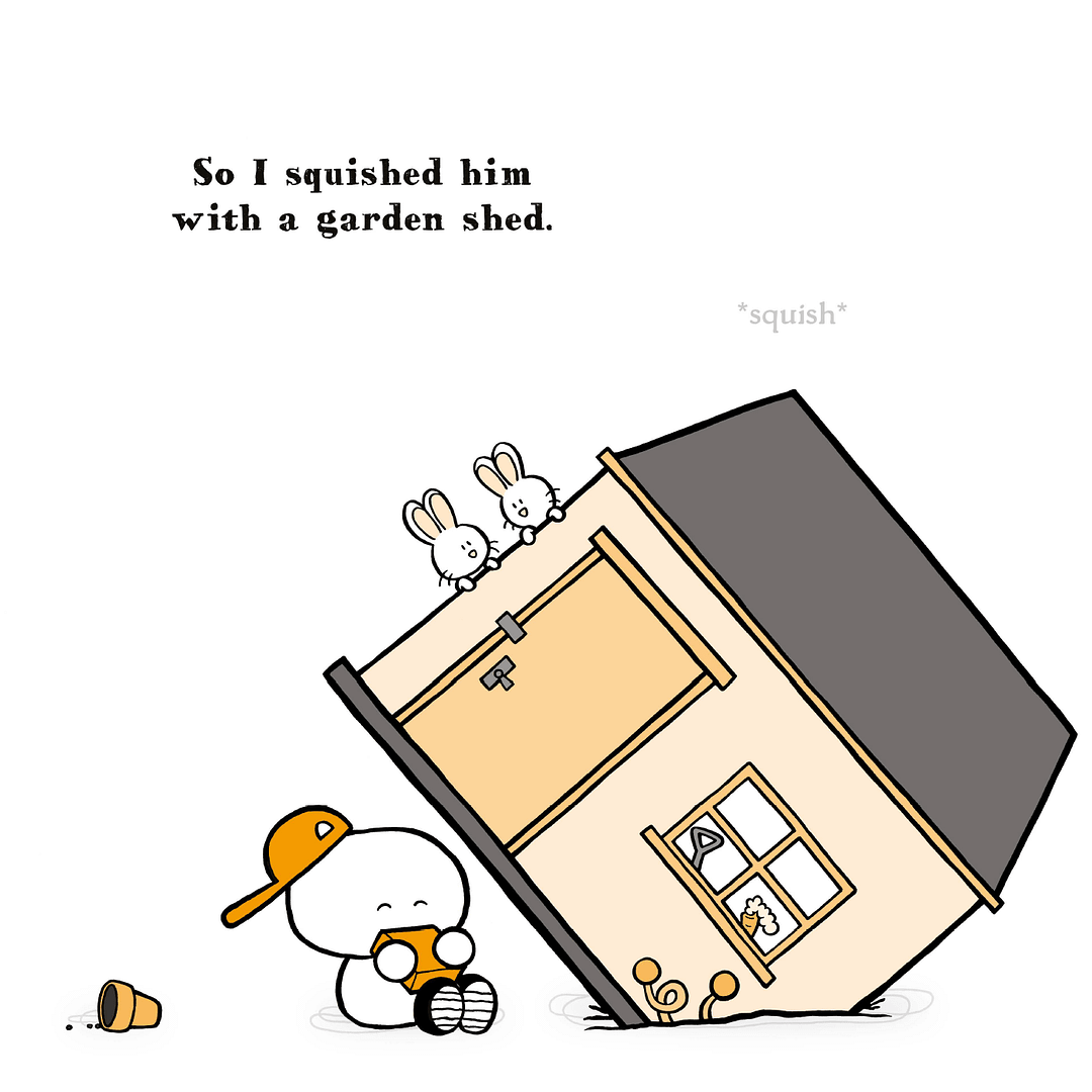 a cartoon alien squished by a shed.