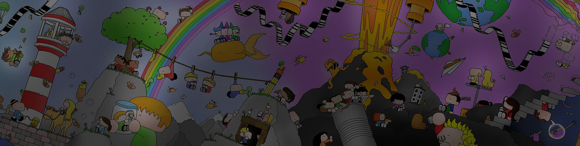 A bright, colourful cartoon showing a wide array of characters engaged in silly activities, including riding upon flying fish, farming sausages and pretending to be birds.